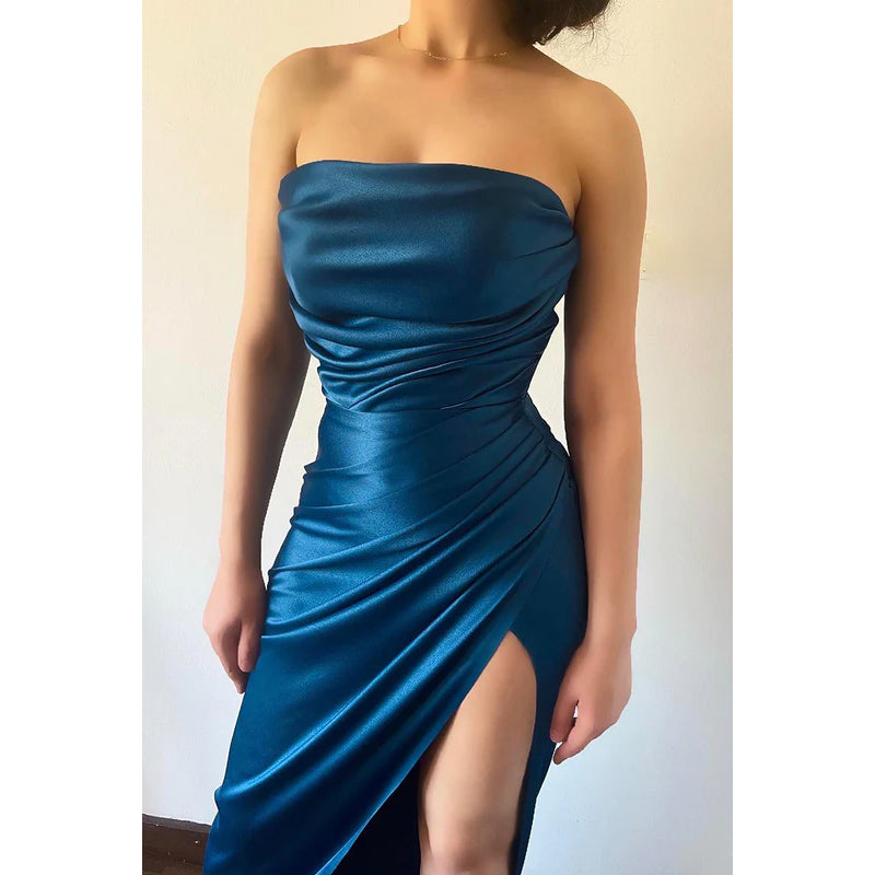 Strapless Sleeveless Ruched Satin Sheath Long Evening Prom Dress With Slit