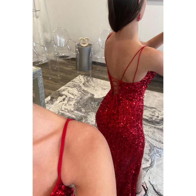 Spaghetti Straps V-neck Red Sequins Sparkly Prom Dress with Slit