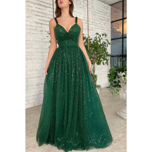 Women's Spaghetti Straps Sequins Green Sparkly Long Prom Dress with Pockets