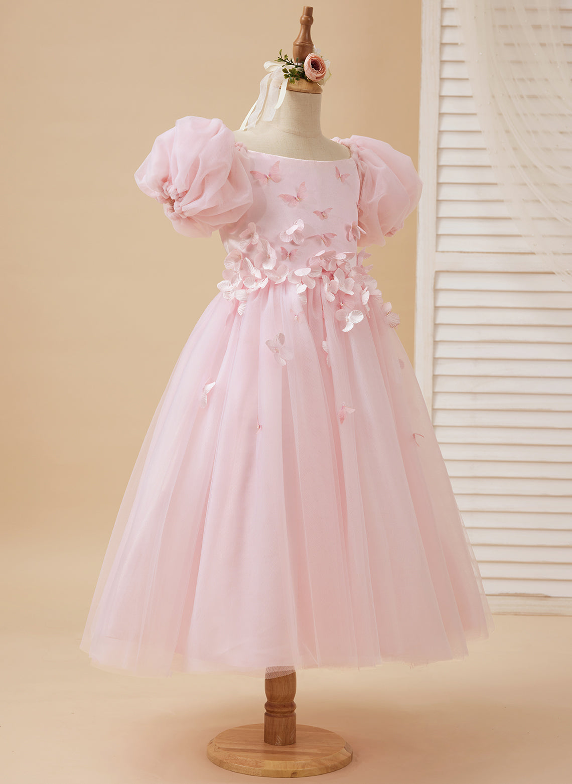 Puffy Sleeves Off-Shoulder 3D Floral Appliques Tulle Tea-length Flower Girl Dress