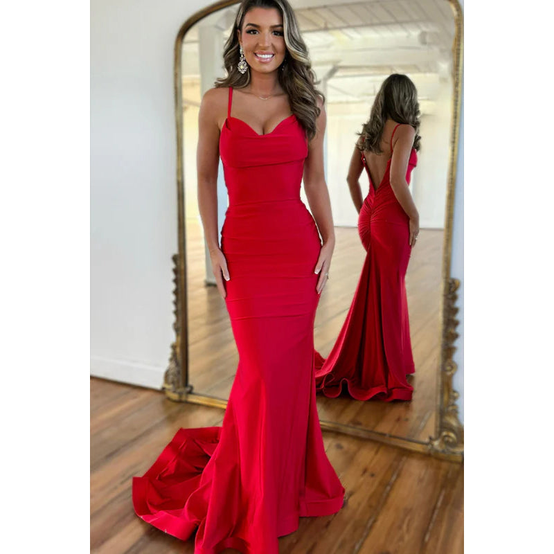 Red Backless V-Neck Spaghetti Straps Mermaid Party Prom Dress