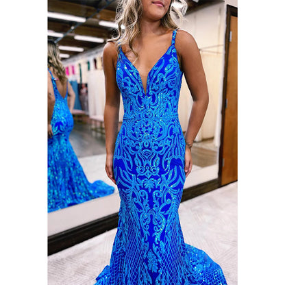 Plunging V-neck Sequins Appliques Mermaid Prom Dress Long