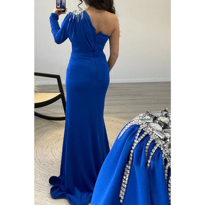 Sheath/column One Shoulder Beaded Royal Blue Satin Long Prom Dress