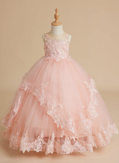 Princess Sleeveless Tulle Gown with Lace Appliques and Sweep Train for Girls