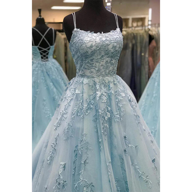 Unique Scoop Criss-cross Straps Sky Blue Tulle Appliques A-line Long Prom Dress