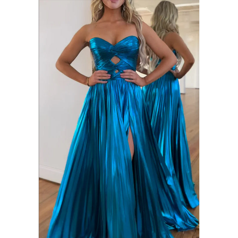 Simple & Casual Off-Shoulder Side Slit A-line Ruched Sleeveless Prom Dress