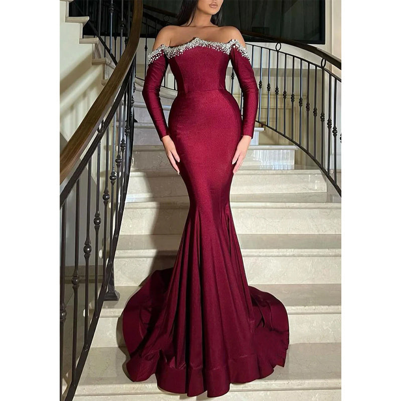 Trumpet Off-shoulder Long Sleeve Beaded with Train Party Prom Evening Dress