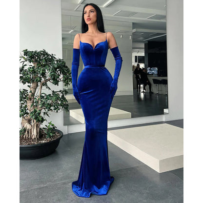 Spaghetti Straps V-neck Velvet Mermaid Prom Dress