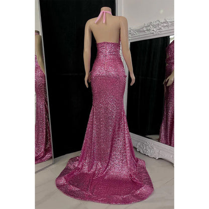 Unique Halter Sequins Mermaid Prom Dress Girls