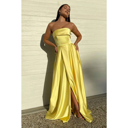 Strapless Yellow Satin High Split Long Prom Dress with Pockets