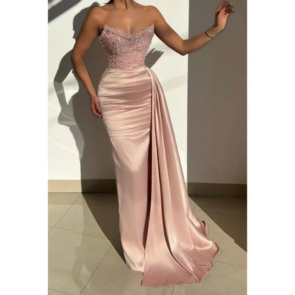 V-Neck Strapless Sequined Beaded Ruched Sheath Long Prom Gown