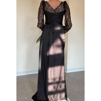 Sheath/Column V-Neck Satin Beaded Long Sleeves Prom Evening Formal Dress