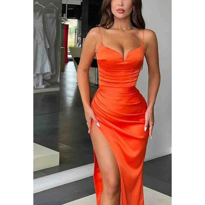 Spaghetti Straps Ruched Long Prom Evening Dress With Slit