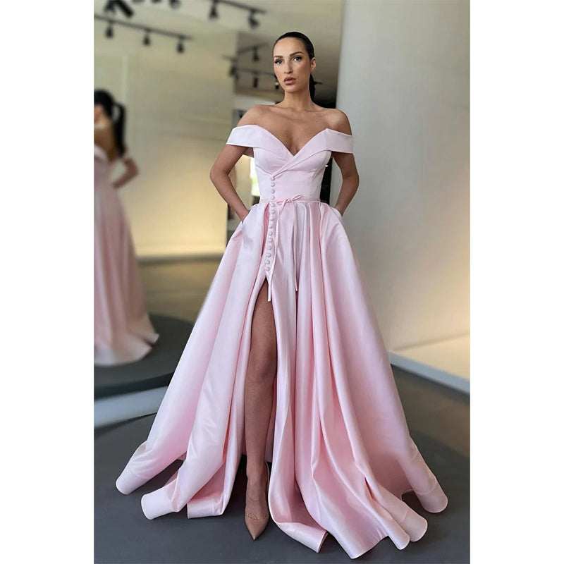 Unique Off Shoulder Satin Split A-line Lone Prom Dress with Pockets