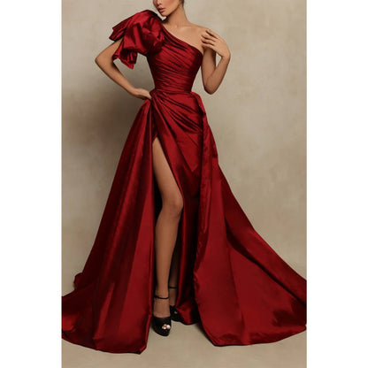 Sheath/column One Shoulder Satin Pleated Side Slit Burgundy Formal Evening Gowns