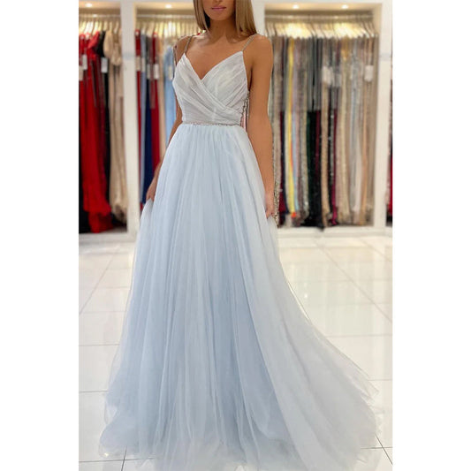 Spaghetti Straps V-neck Beads Long Prom Dress