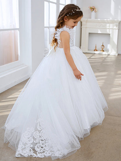 Ivory Princess Ball Gown with Lace Appliques and Tulle Court Train for Girls