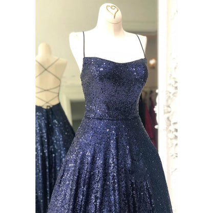 Unique Scoop Navy Sequins Sparkly Prom Dress