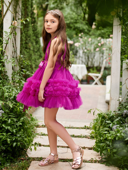 Fuchsia Princess Sleeveless Tulle Flower Girl Dress with Ruffles  (010225236)