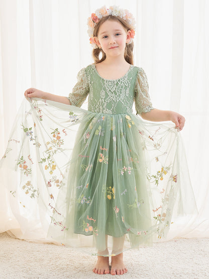 Sage Scoop Neck Cloth Surface and Tulle Flower Girl Dress (2003227581)