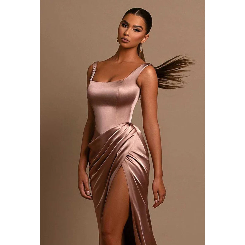 Square Neck Thigh Slit Ruched Sheath Long Prom Evening Dress