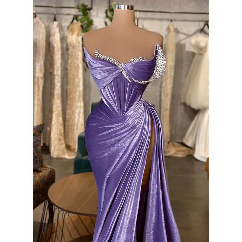 Velvet Purple Beaded Strapless Pleats Long Prom Dress with Slit Evening Gowns