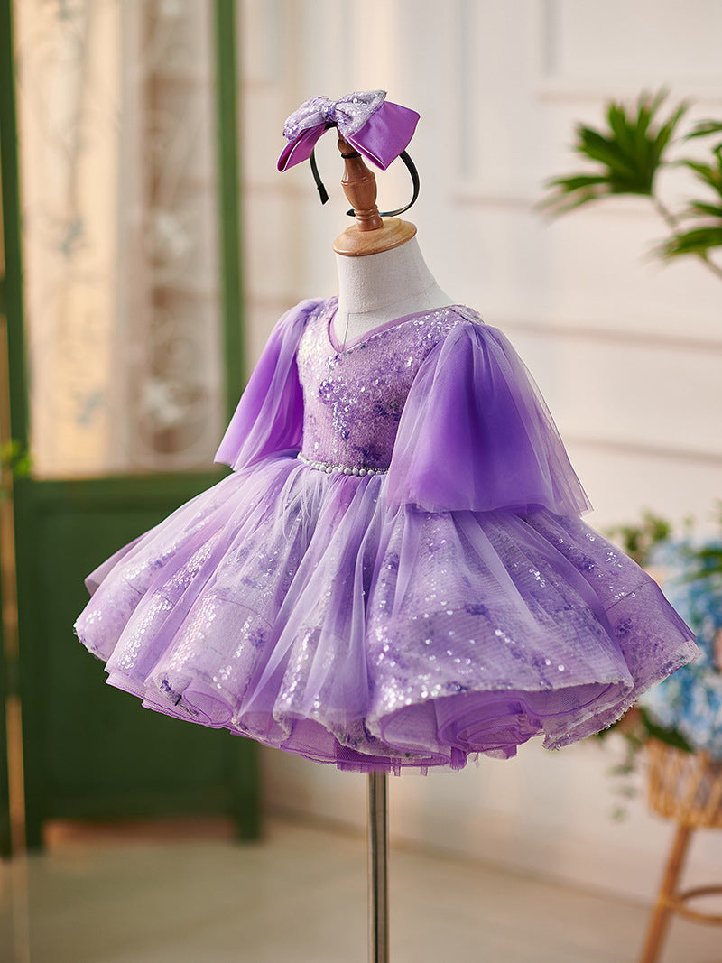 Purple Sequins Tulle Knee-length Baby Girl Dress