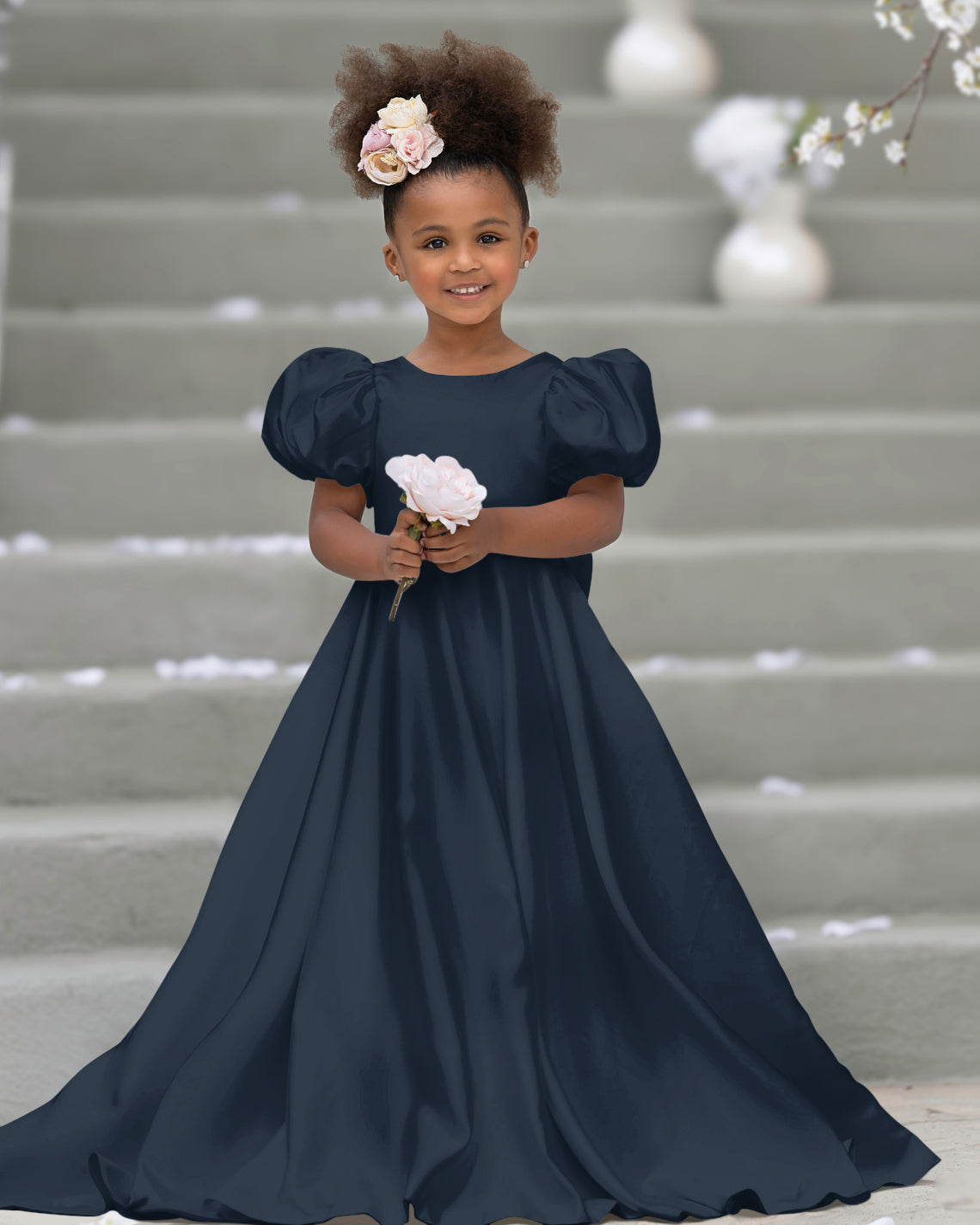 Puff Sleeve Bow Button Back Sweep Train Flower Girl Dress