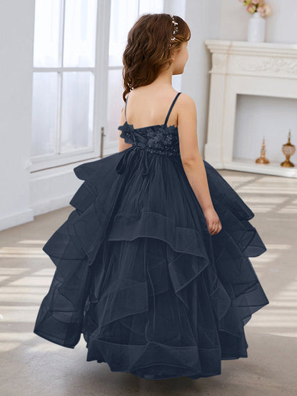 Slate Blue A-Line Princess Sleeveless Tulle Flower Girl Dress