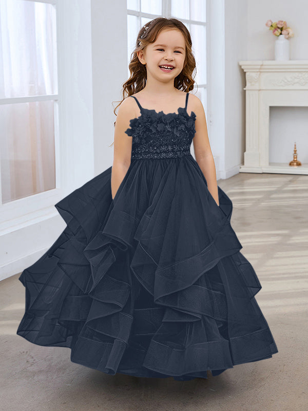 Slate Blue A-Line Princess Sleeveless Tulle Flower Girl Dress