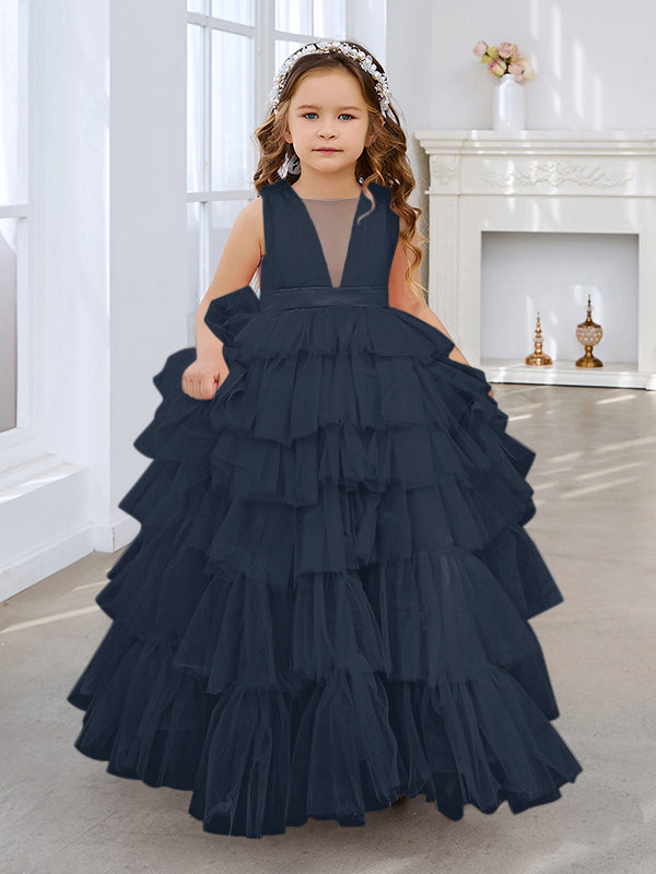 NumberSea - Ball - Gown/Princess Pearl Pink Sleeveless Tulle Bow Flower Girl Dress