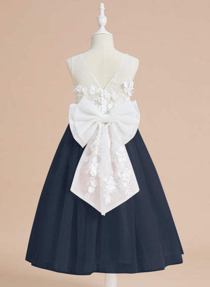 Floral Lace and Large Bow Tea-length Dress