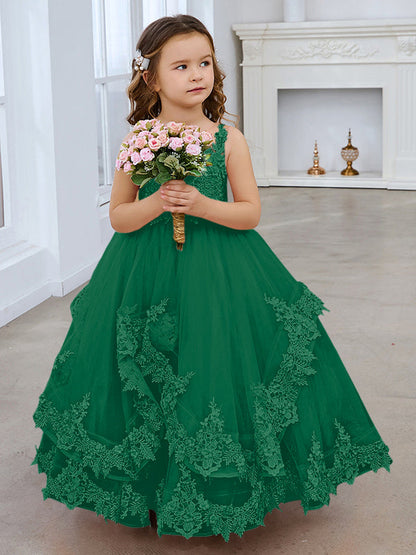 Princess Sleeveless Tulle Gown with Lace Appliques and Sweep Train for Girls