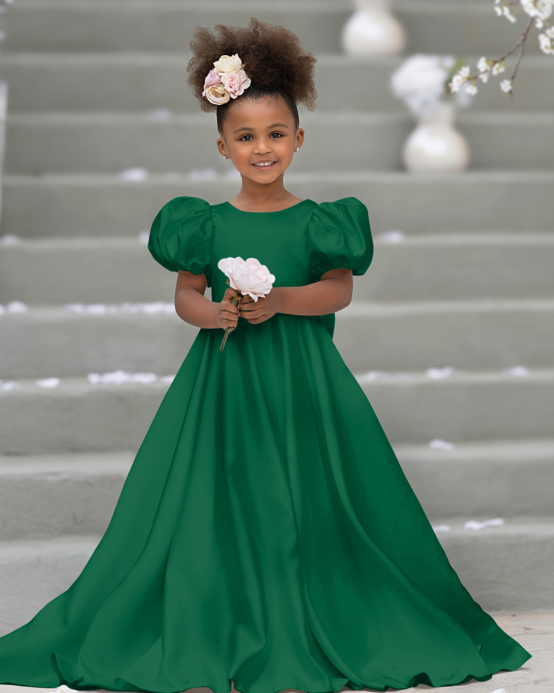 Puff Sleeve Bow Button Back Sweep Train Flower Girl Dress