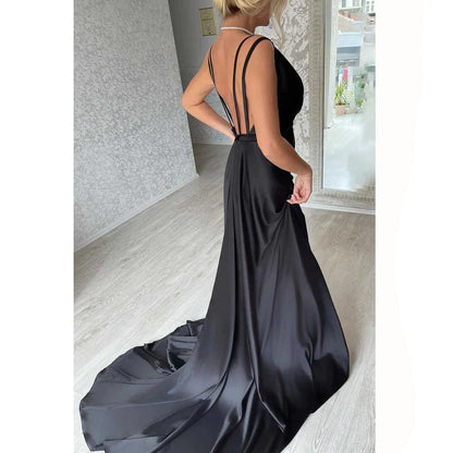 Deep V-Neck Halter Ruched Thigh Slit Sheath Long Prom Evening Gown