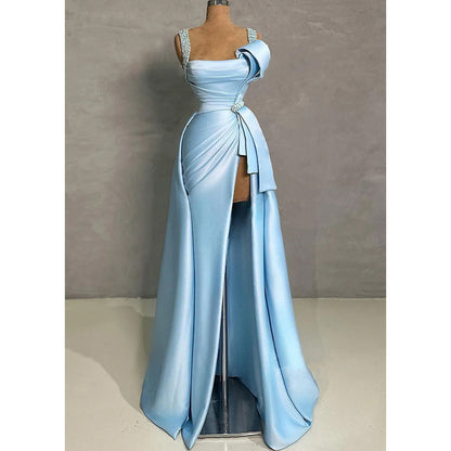 Empire Ruched with Side Slit Beaded Party Prom Evening Dress