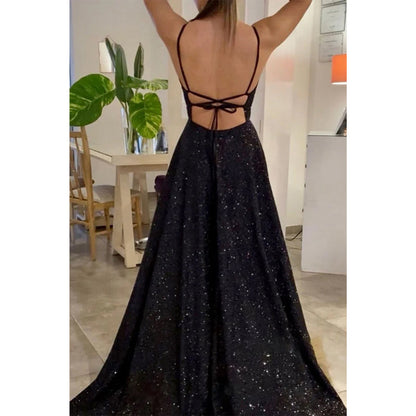 Plunging V-neck Black Sparkly Prom Dress with Pockets