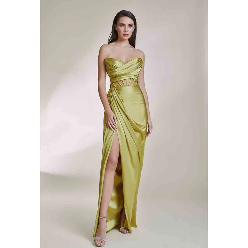 V-Neck Strapless Sleeveless Beaded Ruched Satin Sheath Long Evening Dress