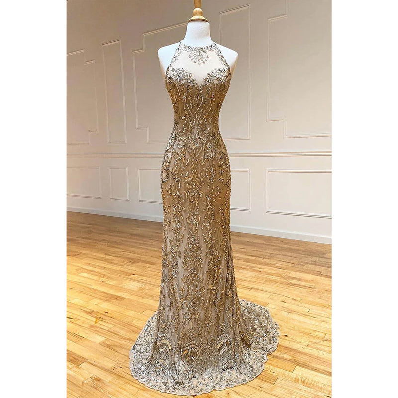 Sheath/column Gold Beaded Halter Long Prom Dress Formal Evening Dress