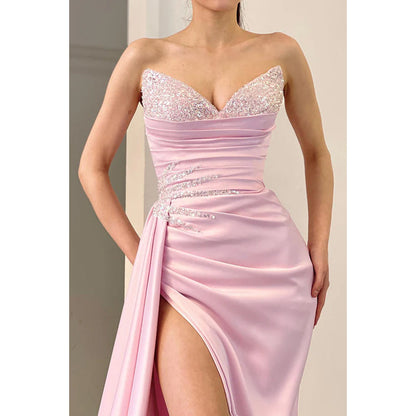 V-Neck Strapless Sequined Beaded Ruched Sheath Long Evening Gown