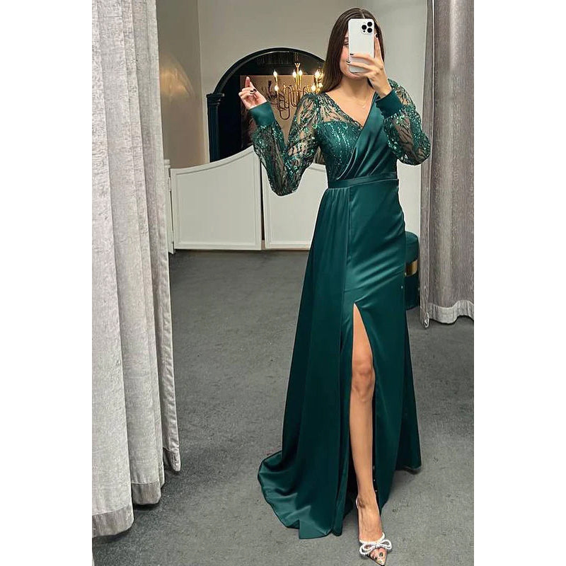 Sheath/Column V-Neck Satin Beaded Long Sleeves Prom Evening Formal Dress