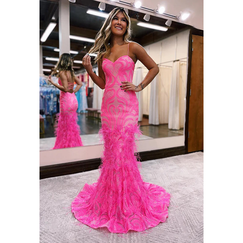 Trumpet/Mermaid Sweetheart Lace Sequins Feathers Prom Evening Formal Dress