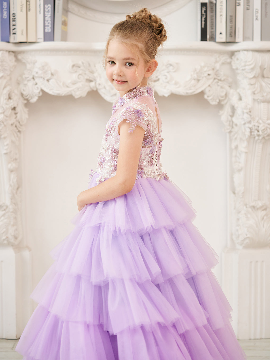 Lilac Tulle Princess Ball Gown with Floral Appliques and Beading for Girls