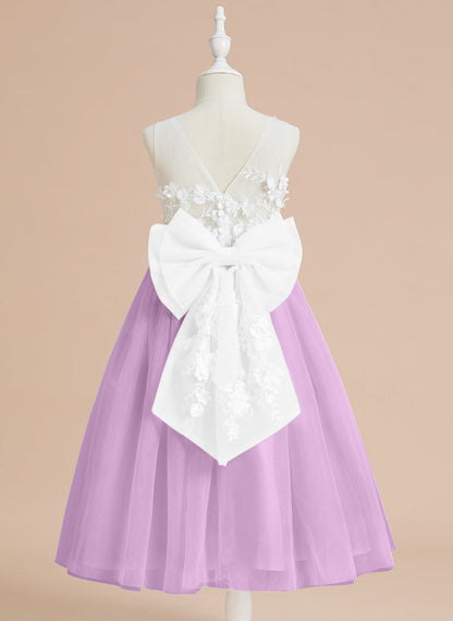 Floral Lace and Large Bow Tea-length Dress