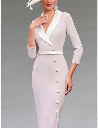 Sheath / Column Mother of the Bride Dress Wedding Guest Elegant Petite V Neck Knee Length Stretch Fabric 3/4 Length Sleeve with Buttons Split Front