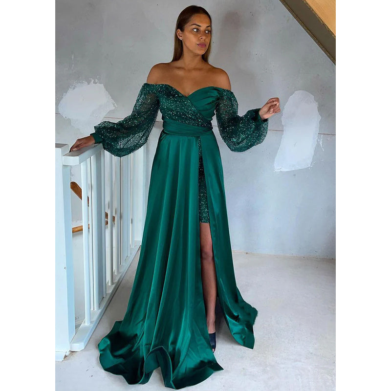 Chic Off The Shoulder Sequins Long Sleeves High Split Long Formal Evening Dress