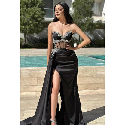 Elegant & Luxurious Off-Shoulder Sleeveless Side Slit Formal Prom Dress With Rhinestones