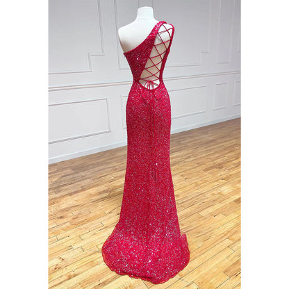 Unique One Shoulder Sequins Sparkly Prom Dress