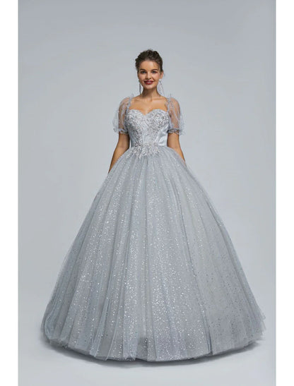 Ball Gown Prom Dresses Princess Dress Graduation Quinceanera Floor Length Short Sleeve Sweetheart Tulle with Sequin Appliques