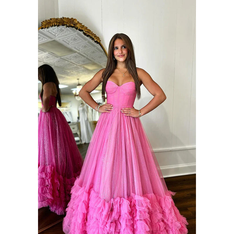 Elegant & Luxurious A-Line Ruffles V-neck Sleeveless Tulle Party Prom Dress